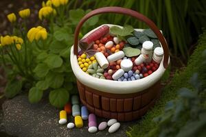 uma cesta com ovos, medicação, e flores para mundo saúde dia. generativo ai. foto
