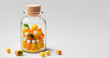amarelo cor pílulas e garrafas projetado para mundo saúde dia em uma branco fundo. generativo ai. foto