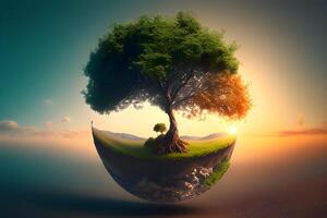 uma árvore dentro a pôr do sol Tempo para mundo terra dia. generativo ai. foto