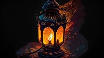 Ramadã kareem celebração com árabe lanternas, bokeh, e néon luzes cria a encantador atmosfera em uma etapa pano de fundo. ideal para papeis de parede e bandeiras. generativo ai. foto