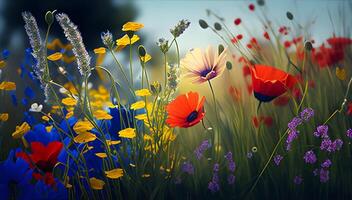 Páscoa ovo em a Relva em ensolarado Primavera árvores e flores ai gerado foto