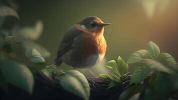 uma pequeno pássaro com uma vibrante cabeça empoleirado em uma frondoso árvore ramo dentro uma verde floresta. ai gerado. foto