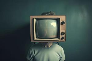 uma pessoa com dele cabeça dentro uma televisão dentro vintage pop estilo foto