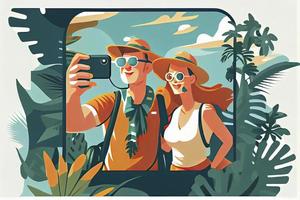 uma turista casal levando selfie fotos juntos em telefone. homem e mulher indo passeios turísticos em verão feriado