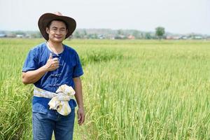 bonito ásia homem agricultor é às arroz campo, desgasta chapéu, azul camisa, polegares acima. conceito, agricultura ocupação, satisfeito dentro agrícola cultivo e produtos. tailandês agricultor. foto