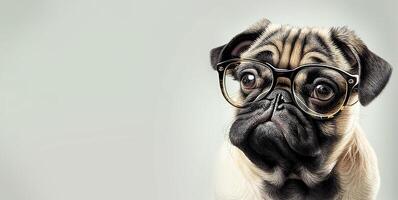 ai gerado pug cachorro vestindo Óculos em neutro fundo foto