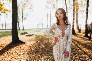 casamento. jovem lindo noiva com Penteado e Maquiagem posando dentro branco vestir e véu. suave pôr do sol luz verão retrato. menina olhando dentro Câmera foto