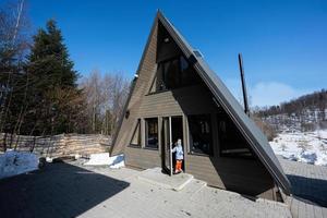 pequeno menina ficar de pé dentro porta do triângulo país minúsculo cabine casa dentro montanhas. foto
