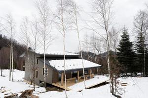 sozinho de madeira país casa dentro Nevado montanhas. alma finais de semana. vida sem vizinhos. foto