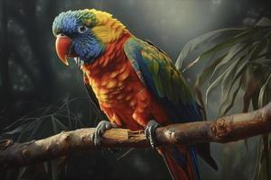 colorida papagaio em ramo dentro tropical floresta, criada com generativo ai foto
