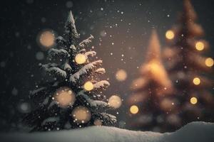 Natal árvore e luz bokeh com queda de neve criada com generativo ai foto