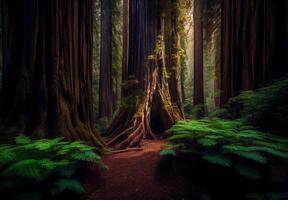 denso floresta dentro Califórnia, muitos sequoias - ai gerado imagem foto