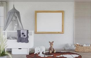 Moldura de foto em branco de maquete 3d na renderização de quarto de crianças