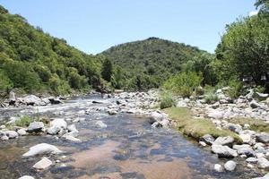 montanha corrente e pedras dentro verão foto