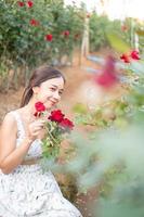 jovem ásia mulher vestindo uma branco vestir poses com uma rosa dentro rosa jardim foto