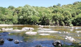 montanha corrente e pedras dentro verão foto