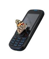 borboleta sentado em Móvel telefone contra branco fundo foto