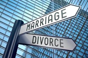 casamento e divórcio - placa de sinalização com dois Setas; flechas, escritório construção dentro fundo foto