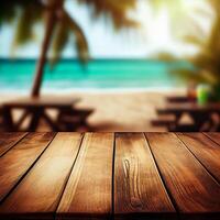 velho de madeira mesa topo em borrado de praia fundo com coco Palma folha. conceito férias, verão, praia, mar - ai gerado imagem foto