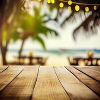 velho de madeira mesa topo em borrado de praia fundo com coco Palma folha. conceito férias, verão, praia, mar - ai gerado imagem foto