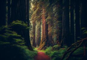 denso floresta dentro Califórnia, muitos sequoias - ai gerado imagem foto