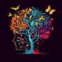 humano cérebro árvore com flores e borboletas, conceito do auto Cuidado, mente, Ideias, criatividade - ai gerado imagem foto