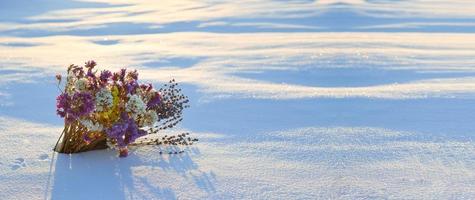 o buquê de flores de aniversário rosa no jardim de neve no país foto