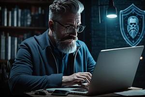 uma homem senta às uma escrivaninha dentro frente do uma computador portátil com uma luminária e seguro cíber segurança foto