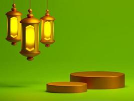 3d Renderização ouro pódio produtos exibição com islâmico suspensão lanternas em verde fundo. eid Mubarak e Ramadã feriado vendas conceito foto