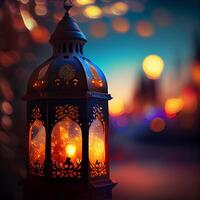 ornamentado original tradicional oriental ásia lanterna com lindo bokeh do feriado luzes e mesquita dentro a fundo - ai gerado imagem foto