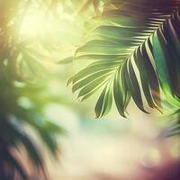 borrão lindo natureza verde Palma folha em tropical de praia com bokeh Sol luz flare onda abstrato fundo. verão período de férias e o negócio viagem conceito espaço - ai gerado imagem foto