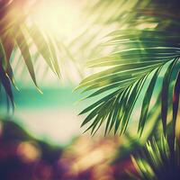 borrão lindo natureza verde Palma folha em tropical de praia com bokeh Sol luz flare onda abstrato fundo. verão período de férias e o negócio viagem conceito espaço - ai gerado imagem foto