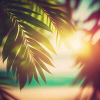 borrão lindo natureza verde Palma folha em tropical de praia com bokeh Sol luz flare onda abstrato fundo. verão período de férias e o negócio viagem conceito espaço - ai gerado imagem foto