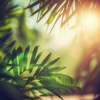 borrão lindo natureza verde Palma folha em tropical de praia com bokeh Sol luz flare onda abstrato fundo. verão período de férias e o negócio viagem conceito espaço - ai gerado imagem foto