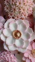 fechar acima tailandês sobremesa vários flor em forma dentro pastel Rosa cor tom do coco leite sabor, sam panela nee tradicional tailandês feito â mão lanche, real famoso tailandês doces, vertical imagem para papel de parede foto