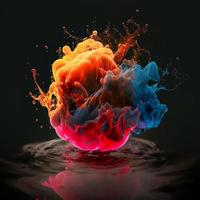 tinta desistiu dentro água, translúcido, colorida explodindo bola fogo em Preto fundo foto