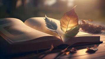 uma fechar-se do verde folhas em uma pilha do livros. ai generativo. foto