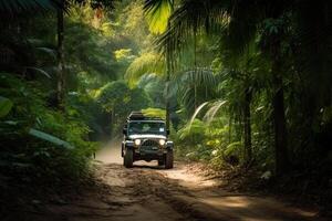 quatro roda dirigir suv é dirigindo em turvar estrada dentro selva. jipe em safári. criada com generativo ai foto