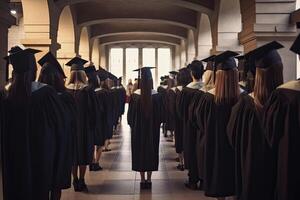 costas Visão do graduados dentro argamassa Pranchas e solteiro vestidos em graduação cerimônia às a universidade. bem sucedido graduação a partir de Faculdade ou Alto escola. criada com generativo ai foto