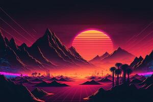 generativo ai, retro estilo, nostálgico anos 80, anos 90. noite paisagem, pôr do sol cores, ficção científica, retrowave vintage ilustração. sol, montanhas, estrada e árvores digital retro cyber superfície. foto