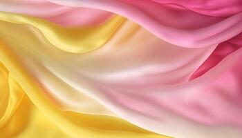 generativo ai, fluindo chiffon tecido textura dentro luz Rosa e amarelo cor. lustroso Primavera bandeira, material 3d efeito, moderno macro fotorrealista abstrato fundo ilustração. foto