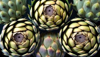 generativo ai, Alcachofra macro fotorrealista ilustração, agrícola vegetal. natureza orgânico saudável Fazenda Comida conceito, muitos alcachofras Como fundo. foto