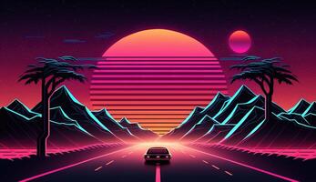 generativo ai, retro estilo, nostálgico anos 80, anos 90. noite paisagem, pôr do sol cores, ficção científica, retrowave vintage ilustração. sol, montanhas, estrada e árvores digital retro cyber superfície. foto