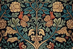 generativo ai, floral colorida padronizar. William Morris inspirado natural plantas e flores fundo, vintage ilustração. folhagem ornamento. foto