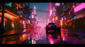 generativo ai, noite cena do depois de chuva cidade dentro cyberpunk estilo, futurista nostálgico anos 80, anos 90. néon luzes vibrante cores, fotorrealista horizontal ilustração. foto