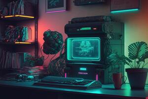 generativo ai, computador em a mesa dentro cyberpunk estilo, nostálgico anos 80, anos 90. néon noite luzes vibrante cores, fotorrealista horizontal ilustração do a futurista interior. tecnologia conceito. foto