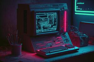 generativo ai, computador em a mesa dentro cyberpunk estilo, nostálgico anos 80, anos 90. néon noite luzes vibrante cores, fotorrealista horizontal ilustração do a futurista interior. tecnologia conceito. foto