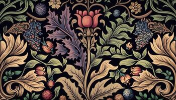 generativo ai, floral colorida padronizar. William Morris inspirado natural plantas e flores fundo, vintage ilustração. folhagem ornamento. foto