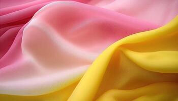 generativo ai, fluindo chiffon tecido textura dentro luz Rosa e amarelo cor. lustroso Primavera bandeira, material 3d efeito, moderno macro fotorrealista abstrato fundo ilustração. foto