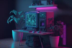 generativo ai, computador em a mesa dentro cyberpunk estilo, nostálgico anos 80, anos 90. néon noite luzes vibrante cores, fotorrealista horizontal ilustração do a futurista interior. tecnologia conceito. foto